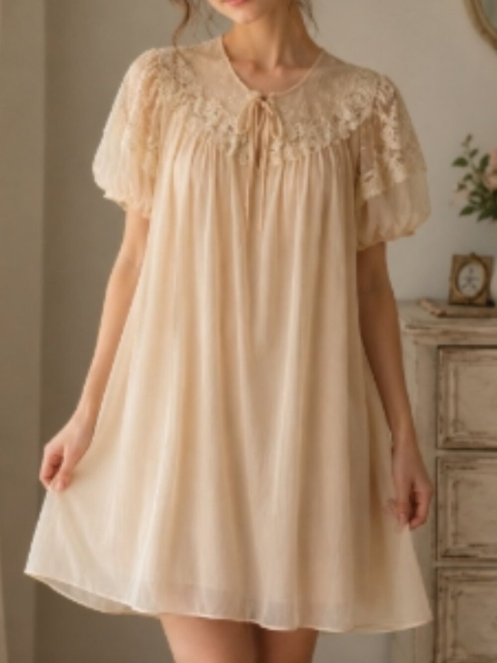 Vintage Laros 50's Two Piece Pink Lace Chiffon Babydoll Nightgown Set Sz Small